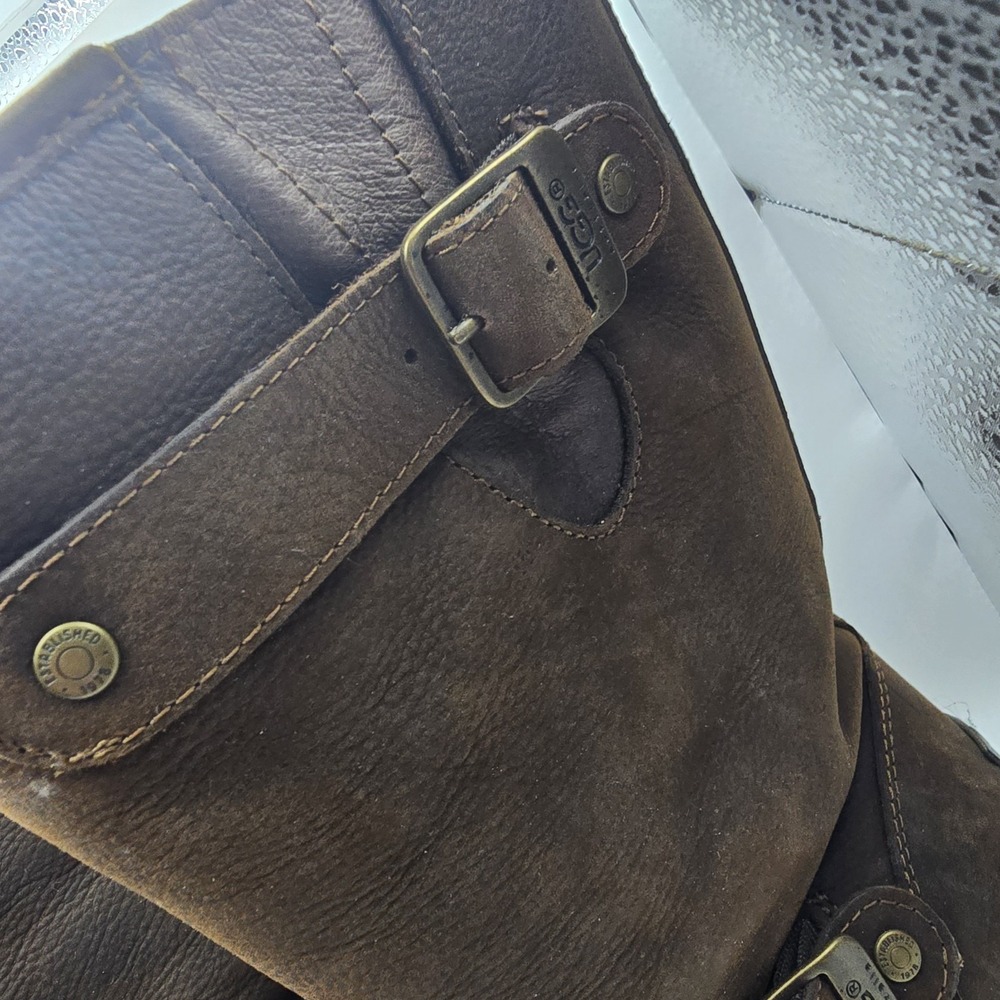 UGG Sutter Boots Women's 8 Brown Leather Shearling Lined Buckle Moto Biker Warm - Picture 5 of 9